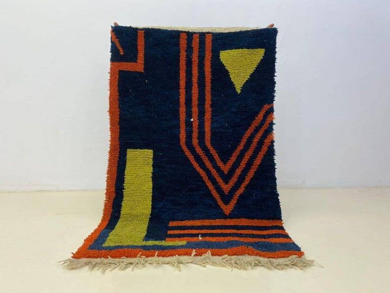 Ręcznie tkany dywan 250x150 cm, wełna, granatowy, pomarańczowy, żółty, Maroko - 200846