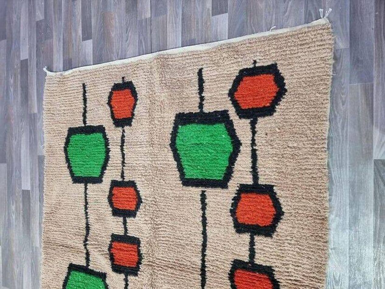 Ręcznie tkany dywan 250x150 cm, wełna, beżowy, zielony, pomarańczowy, czarny, biały, Maroko - 200695