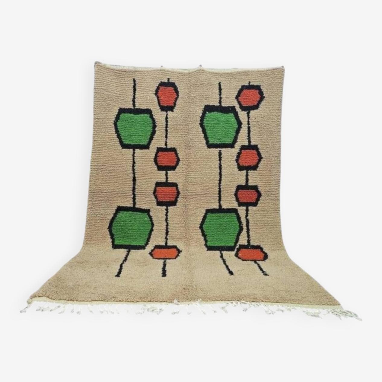 Ręcznie tkany dywan 250x150 cm, wełna, beżowy, zielony, pomarańczowy, czarny, biały, Maroko - 200690