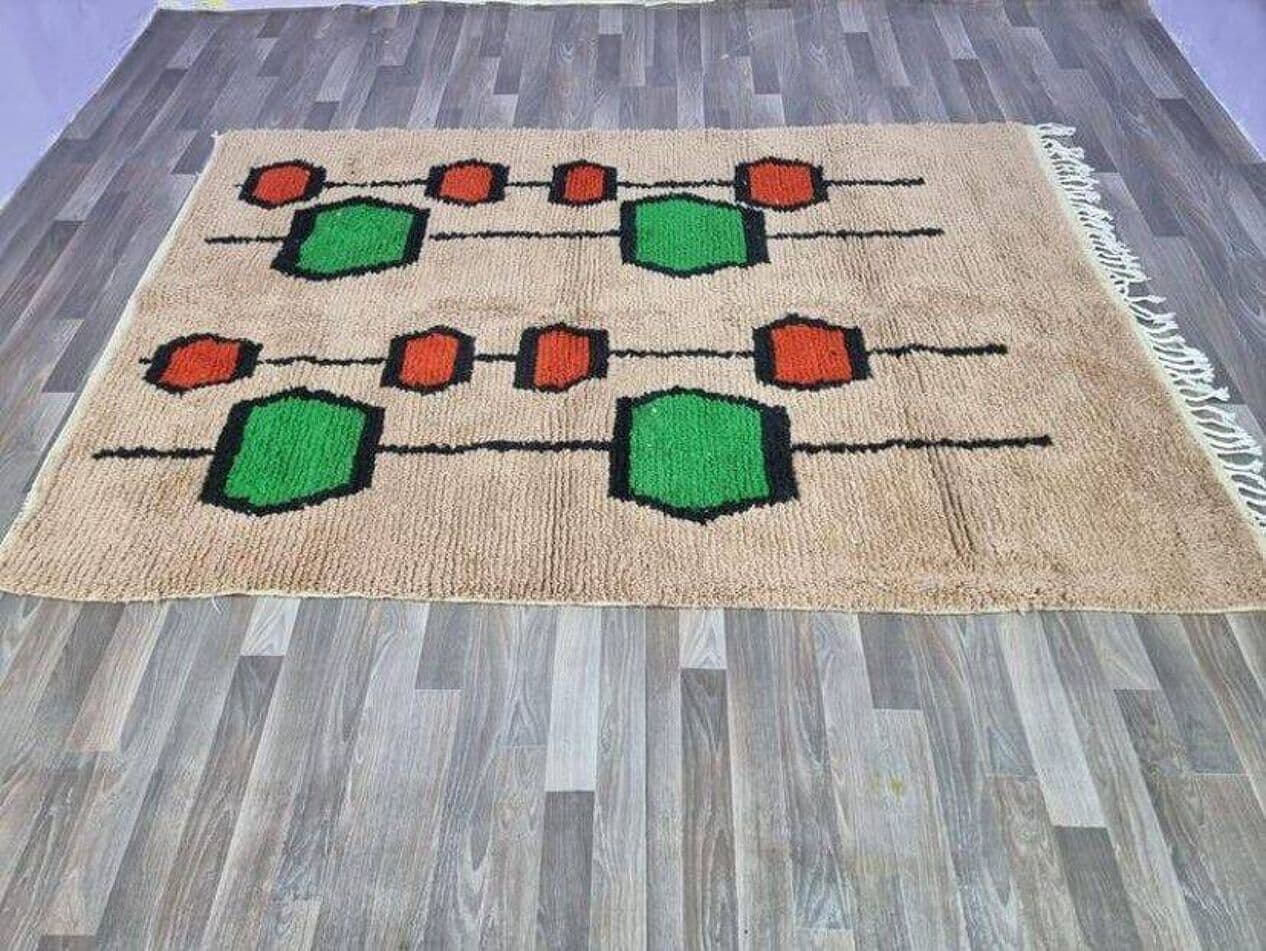 Ręcznie tkany dywan 250x150 cm, wełna, beżowy, zielony, pomarańczowy, czarny, biały, Maroko - 200692