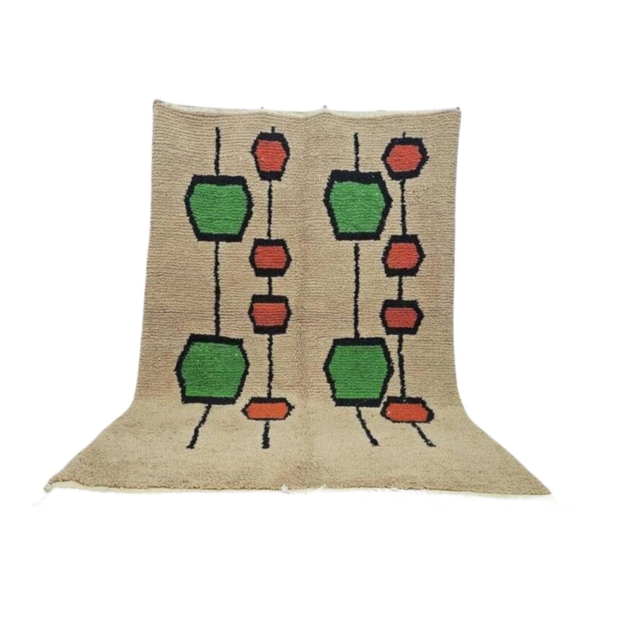 Ręcznie tkany dywan 250x150 cm, wełna, beżowy, zielony, pomarańczowy, czarny, biały, Maroko