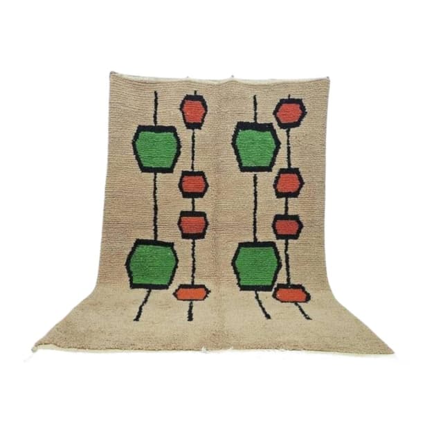 Ręcznie tkany dywan 250x150 cm, wełna, beżowy, zielony, pomarańczowy, czarny, biały, Maroko - WYMIARY