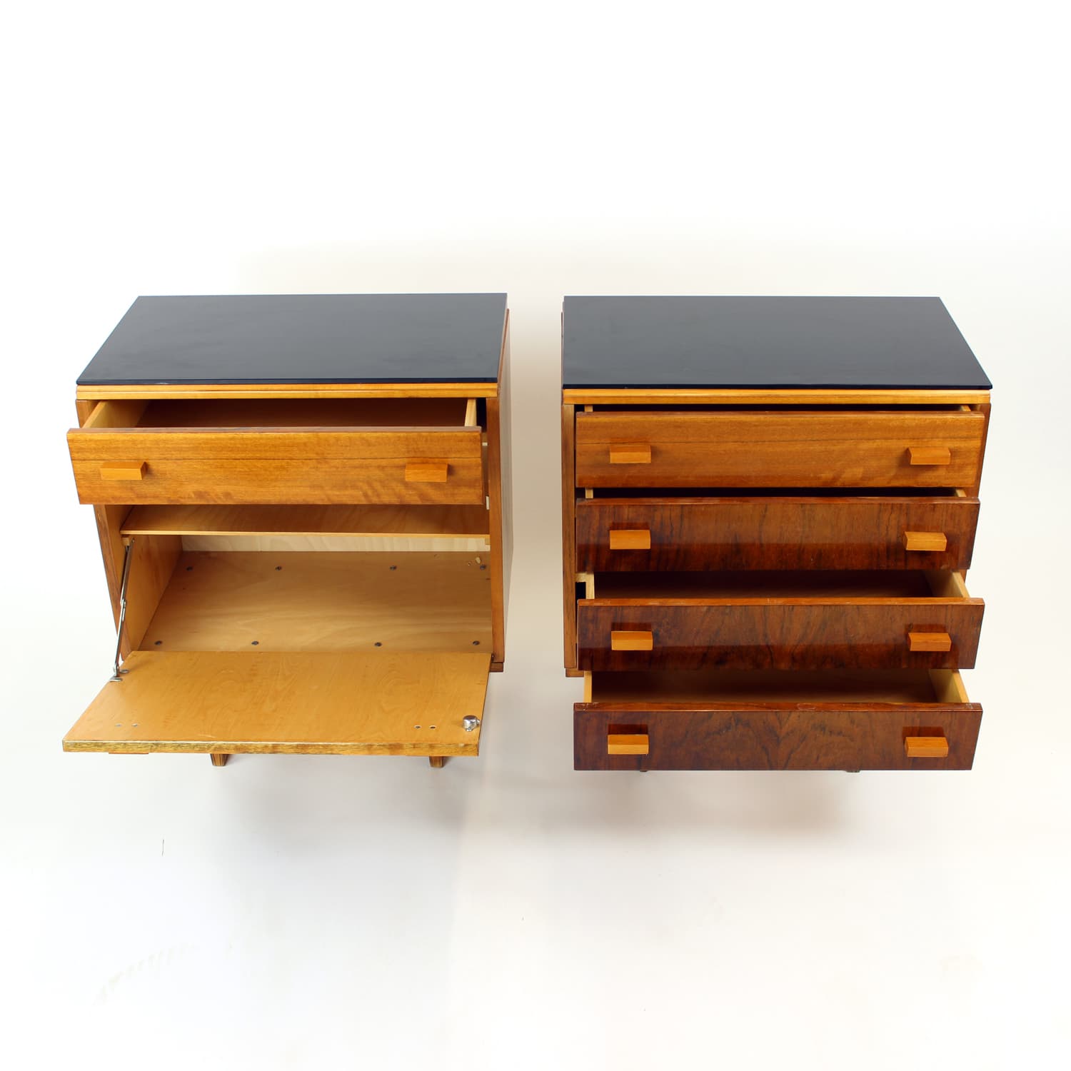 Pair of nightstands, brown walnut, black glass, Czechoslovakia, 1960s. - 201118