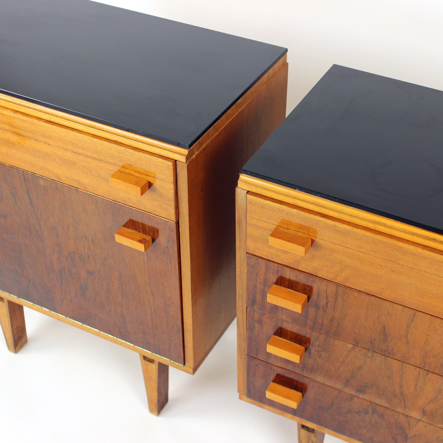 Pair of nightstands, brown walnut, black glass, Czechoslovakia, 1960s. - 201121