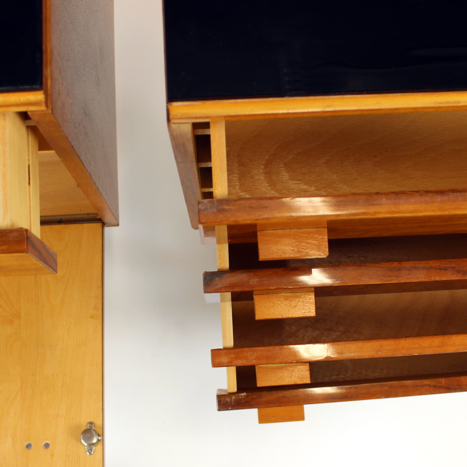 Pair of nightstands, brown walnut, black glass, Czechoslovakia, 1960s. - 201119