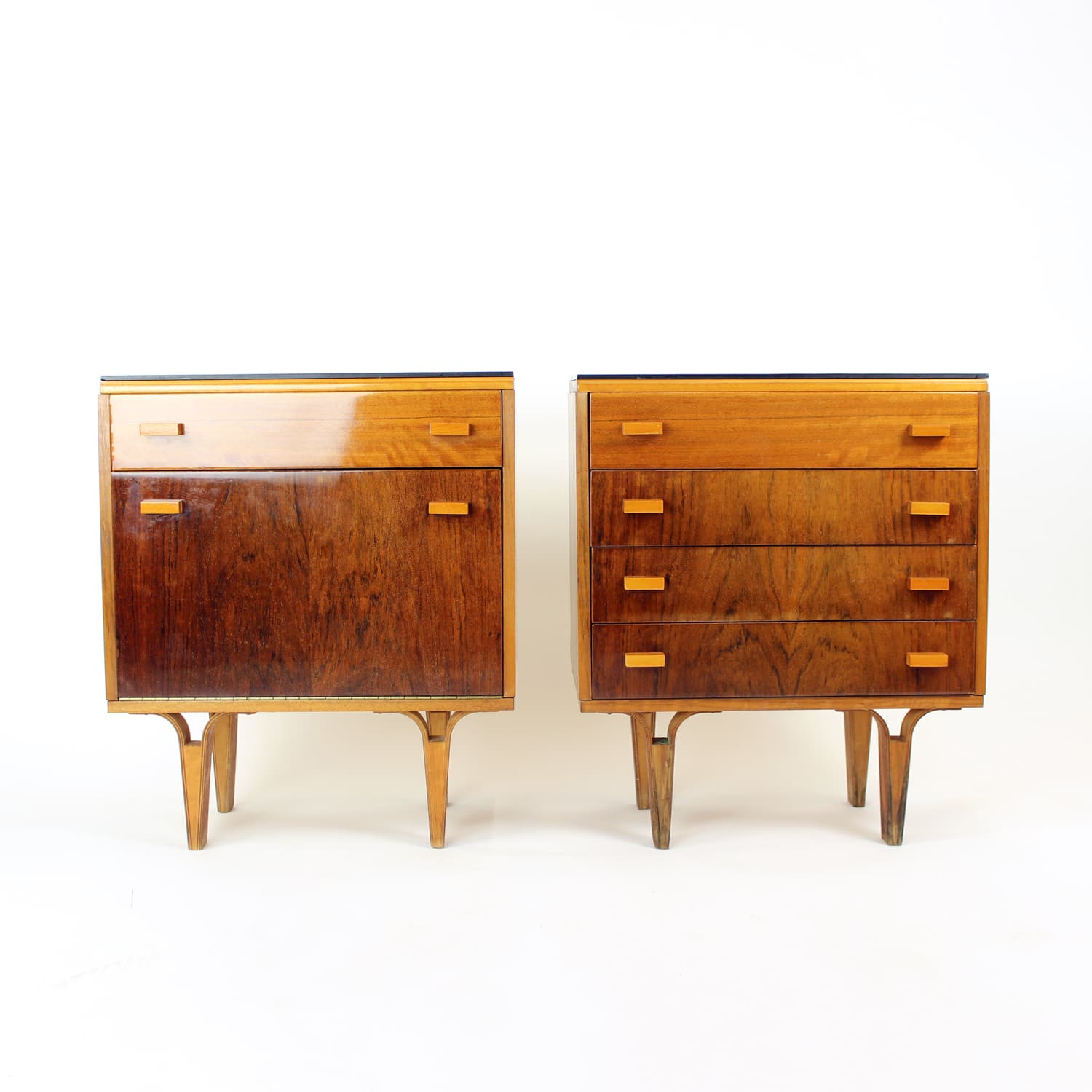 Pair of nightstands, brown walnut, black glass, Czechoslovakia, 1960s. - 201114