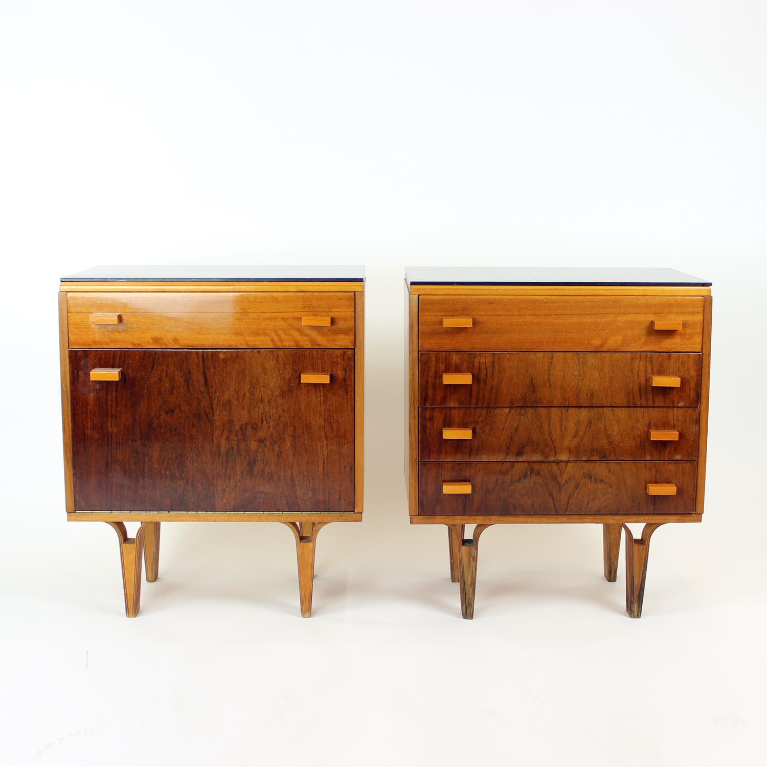 Pair of nightstands, brown walnut, black glass, Czechoslovakia, 1960s. - 201116