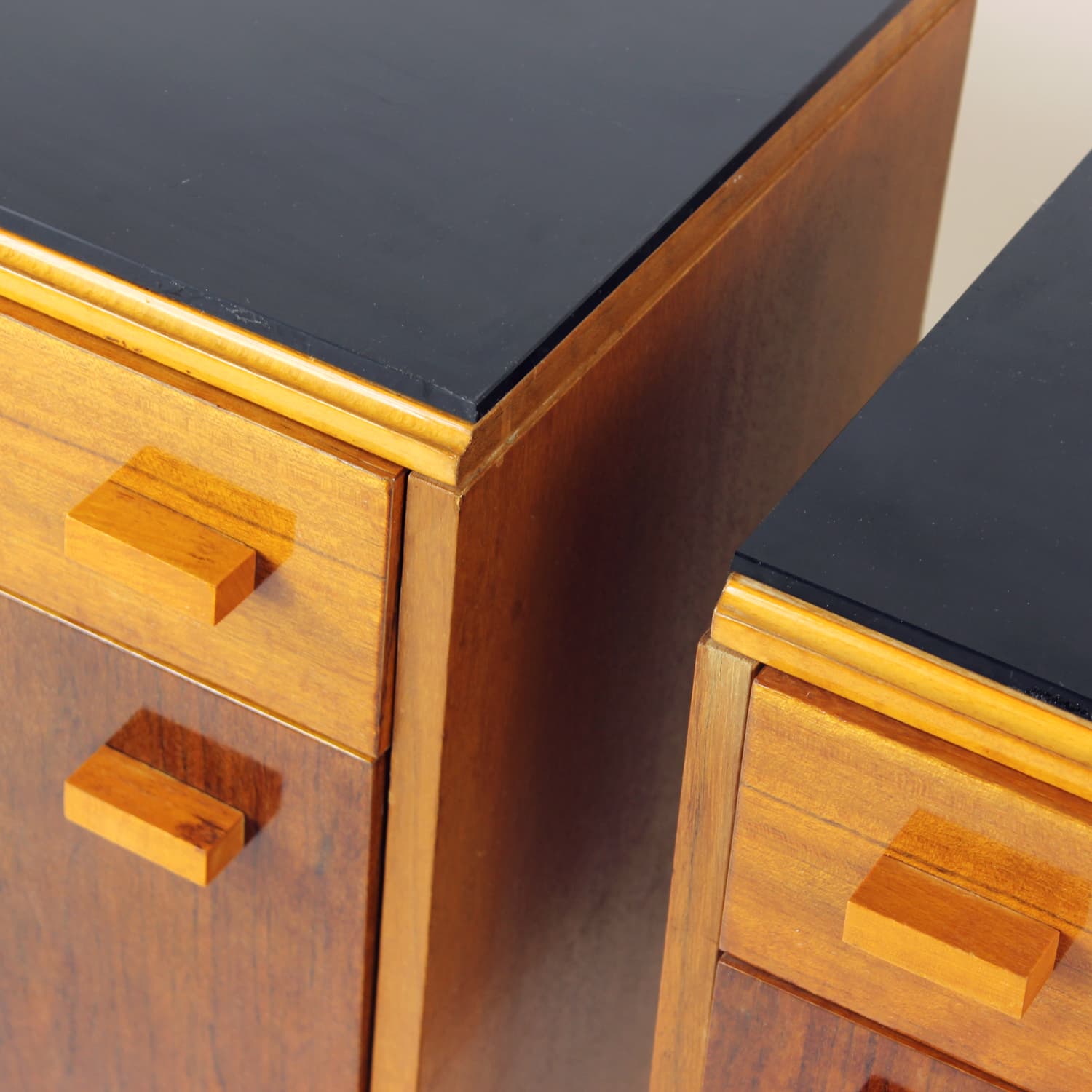 Pair of nightstands, brown walnut, black glass, Czechoslovakia, 1960s. - 201122