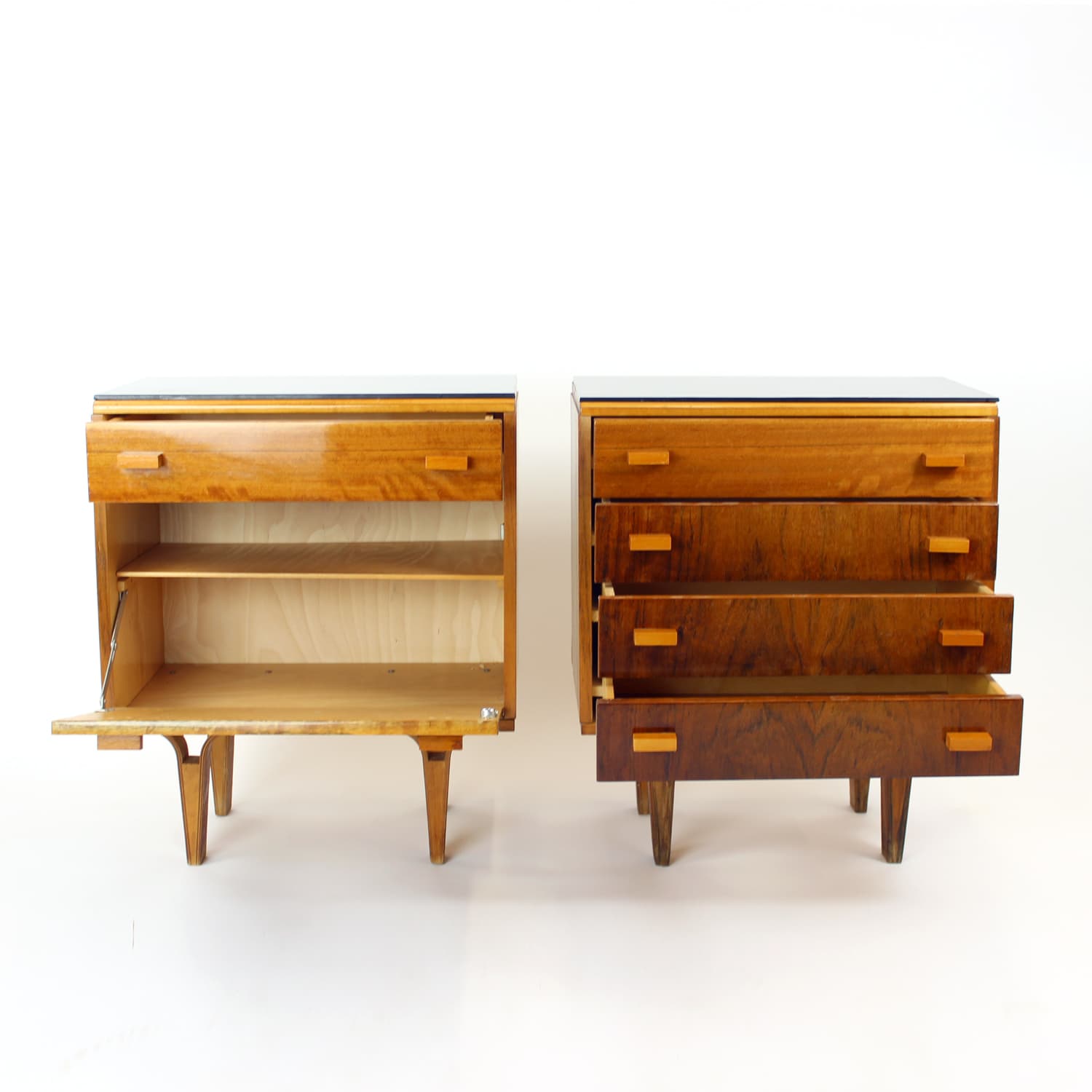 Pair of nightstands, brown walnut, black glass, Czechoslovakia, 1960s. - 201117