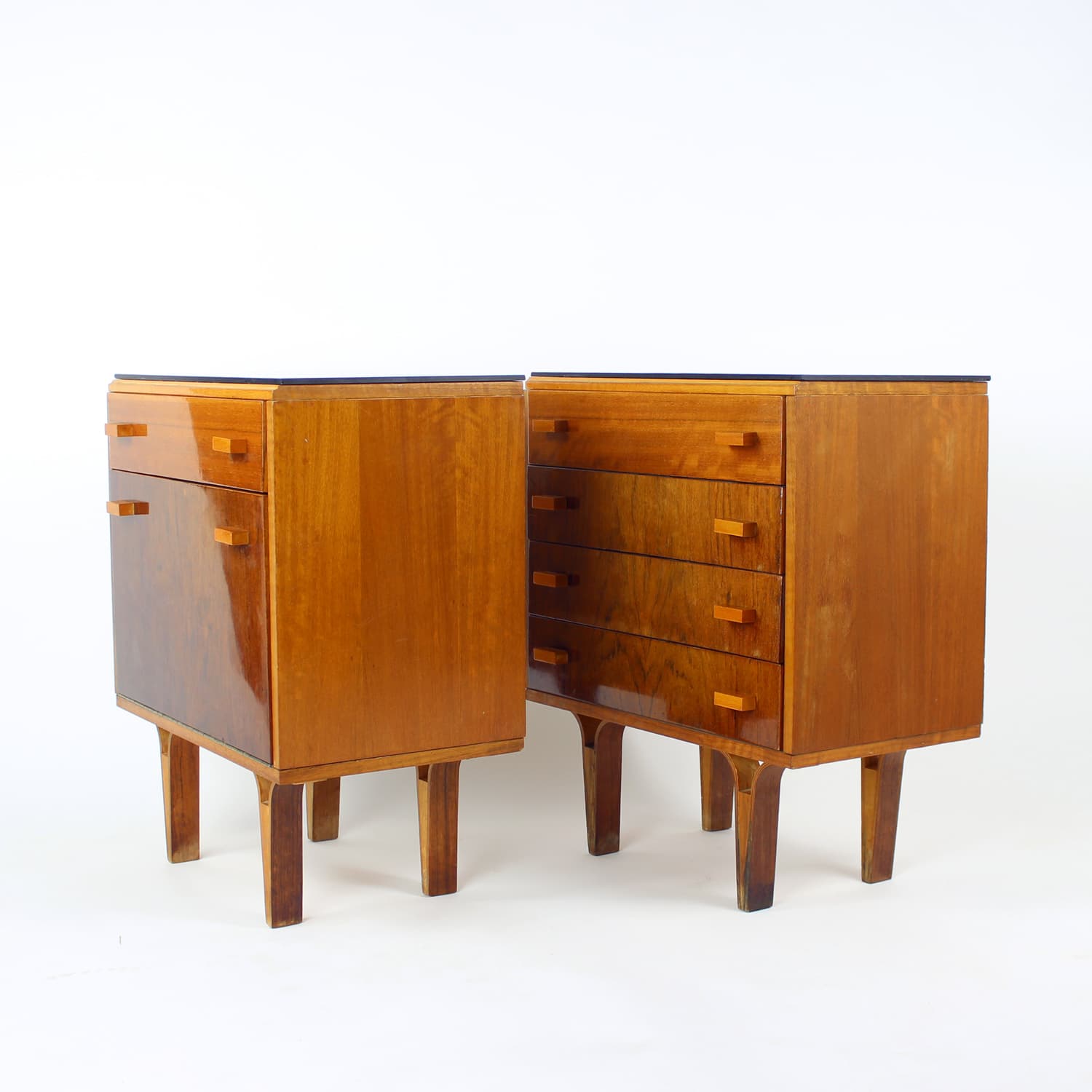 Pair of nightstands, brown walnut, black glass, Czechoslovakia, 1960s. - 201123
