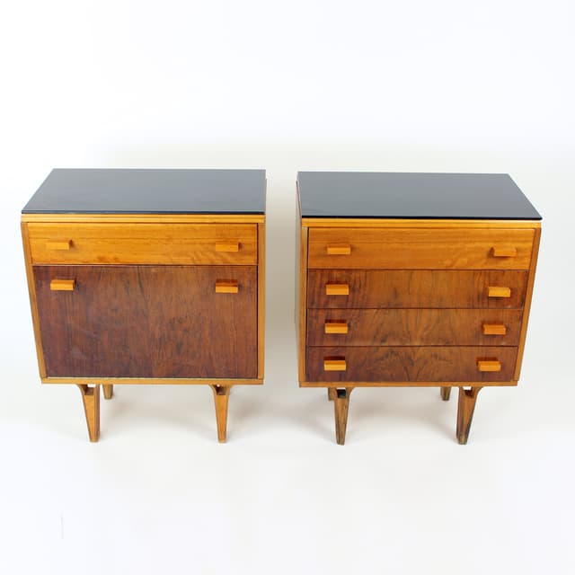 Pair of nightstands, brown walnut, black glass, Czechoslovakia, 1960s. - DIMENSION