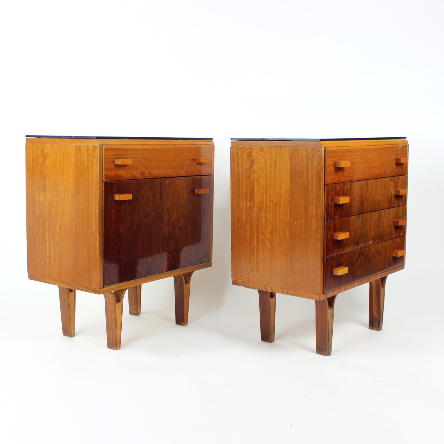 Pair of nightstands, brown walnut, black glass, Czechoslovakia, 1960s. - 201125
