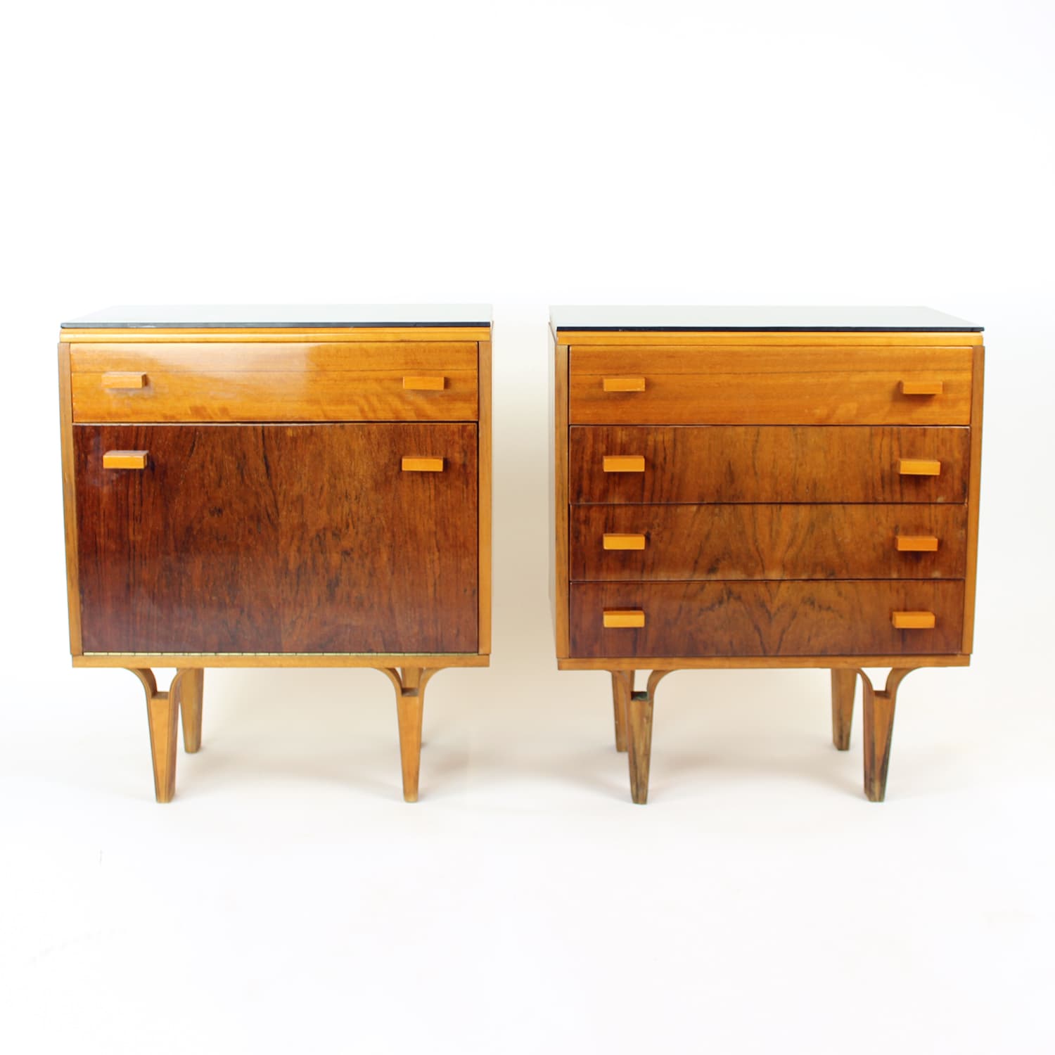 Pair of nightstands, brown walnut, black glass, Czechoslovakia, 1960s. - 201115