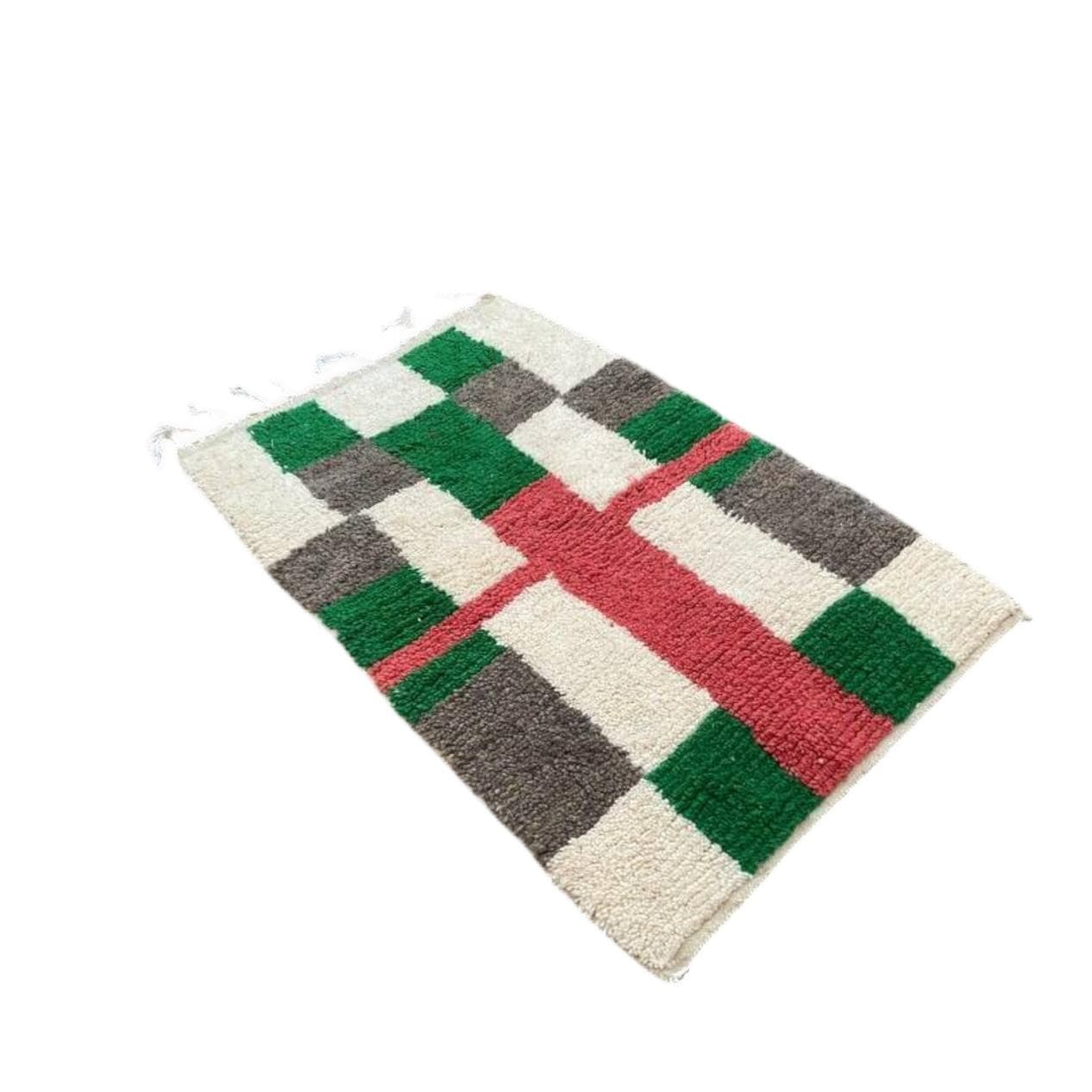 Ręcznie tkany dywan 100x200 cm, wełna, kość słoniowa, zielony, szary, czerwony, Maroko