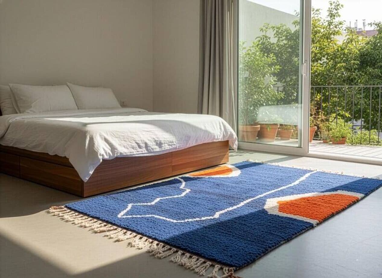 Ręcznie tkany dywan 200x300 cm, wełna, niebieski, pomarańczowy, biały, Maroko - 201598