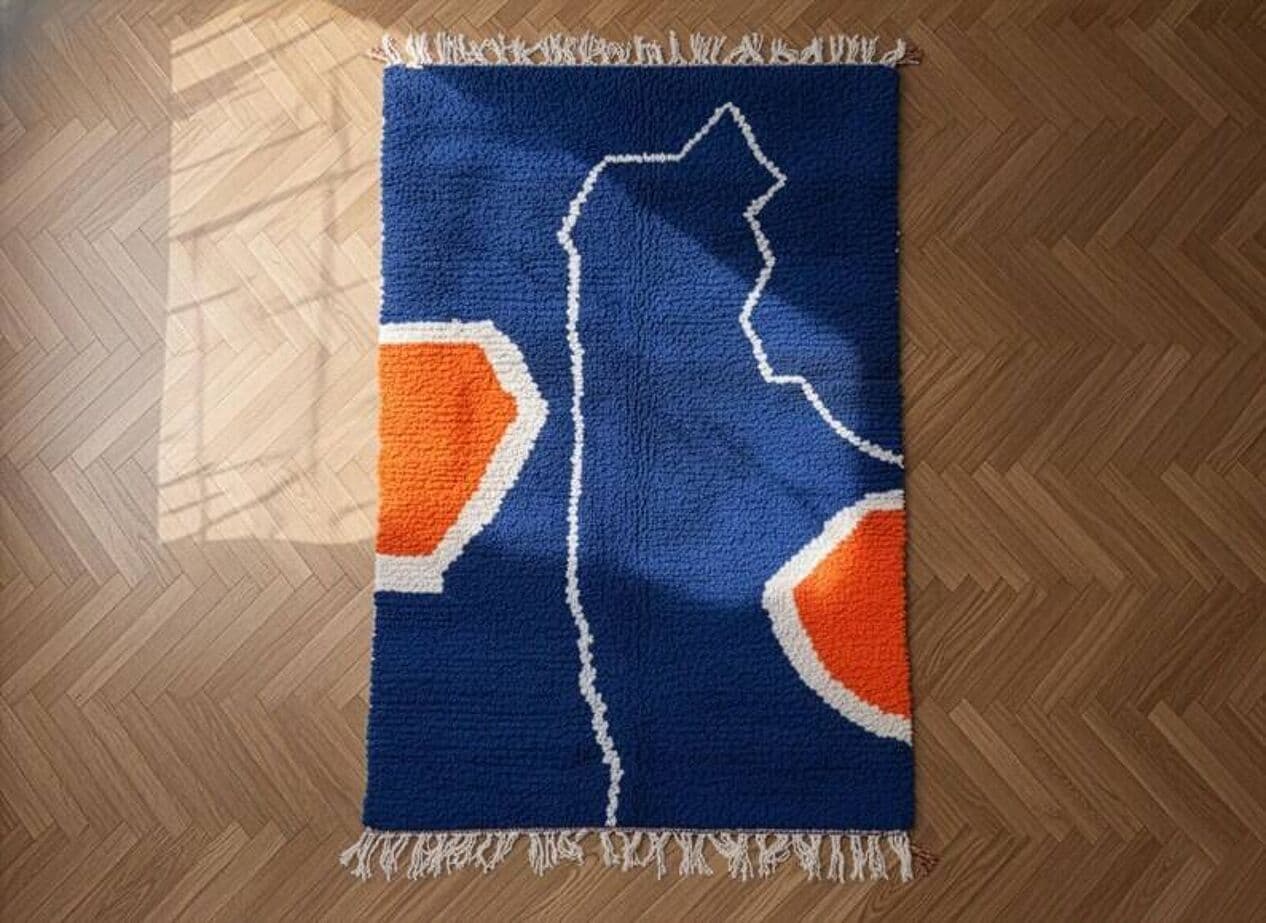Ręcznie tkany dywan 200x300 cm, wełna, niebieski, pomarańczowy, biały, Maroko - 201601