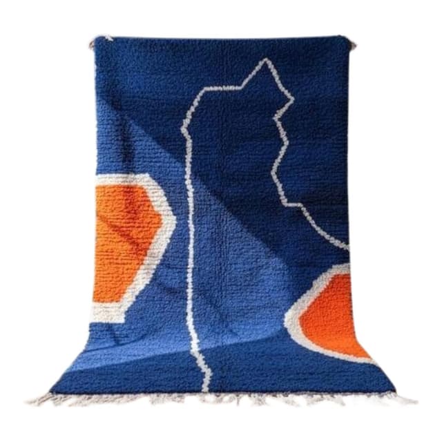 Ręcznie tkany dywan 200x300 cm, wełna, niebieski, pomarańczowy, biały, Maroko - WYMIARY