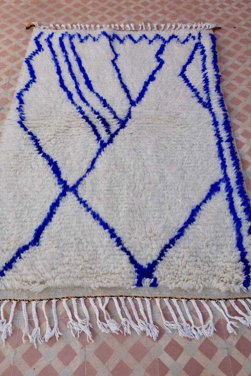 Ręcznie tkany dywan 100x200 cm, wełna, kremowy, niebieski, Maroko - 201552