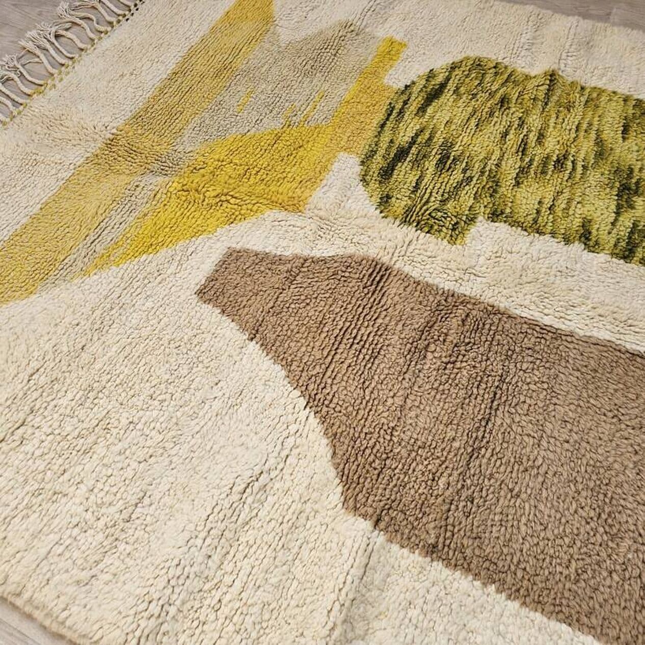 Ręcznie tkany dywan 250x150 cm, wełna, kremowy, brązowy, zielony, żółty, Maroko - 201456