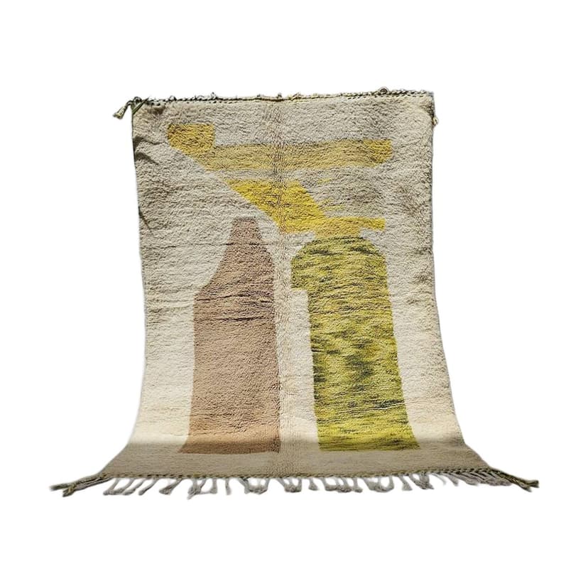 Ręcznie tkany dywan 250x150 cm, wełna, kremowy, brązowy, zielony, żółty, Maroko