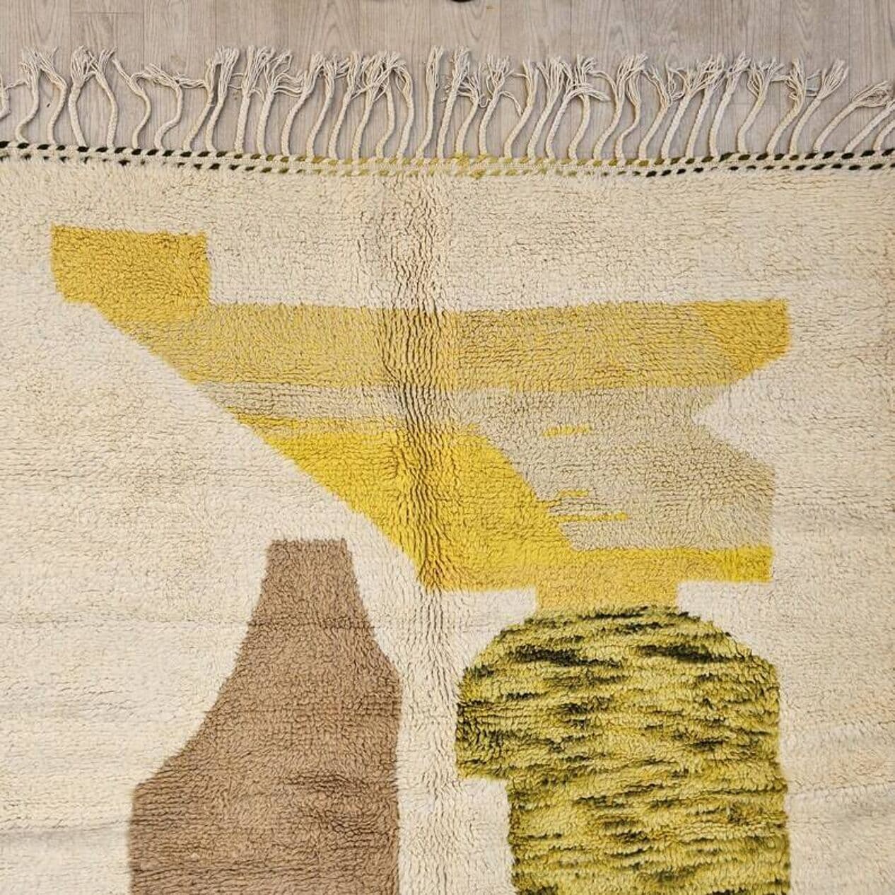 Ręcznie tkany dywan 250x150 cm, wełna, kremowy, brązowy, zielony, żółty, Maroko - 201453