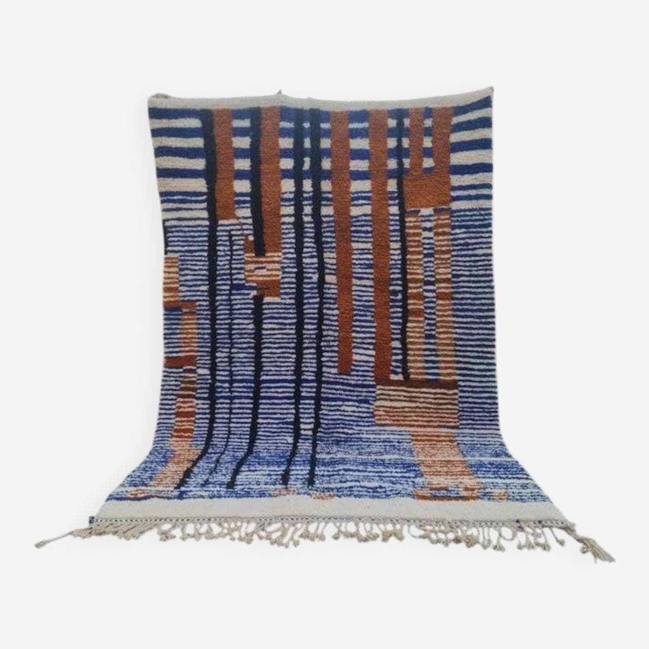 Ręcznie tkany dywan 250x150 cm, wełna, niebieski, terakota, czarny, kość słoniowa, Maroko - 202917