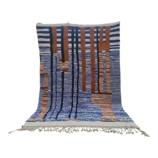 Ręcznie tkany dywan 250x150 cm, wełna, niebieski, terakota, czarny, kość słoniowa, Maroko - WYMIARY