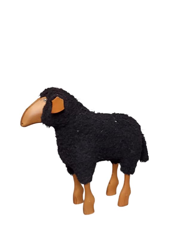 Figurka owca, czarna wełna, drewno brązowe, proj. H. P. Krafft, lata 70. - WYMIARY