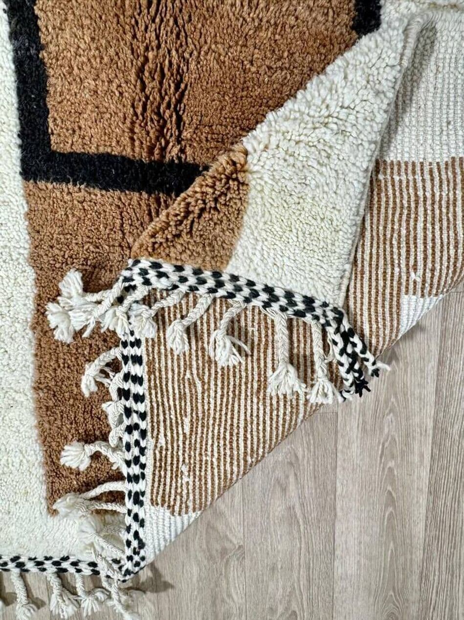 Ręcznie tkany dywan 200x300 cm, wełna, kremowy, czarny, brązowy, pomarańczowy, Maroko - 202391