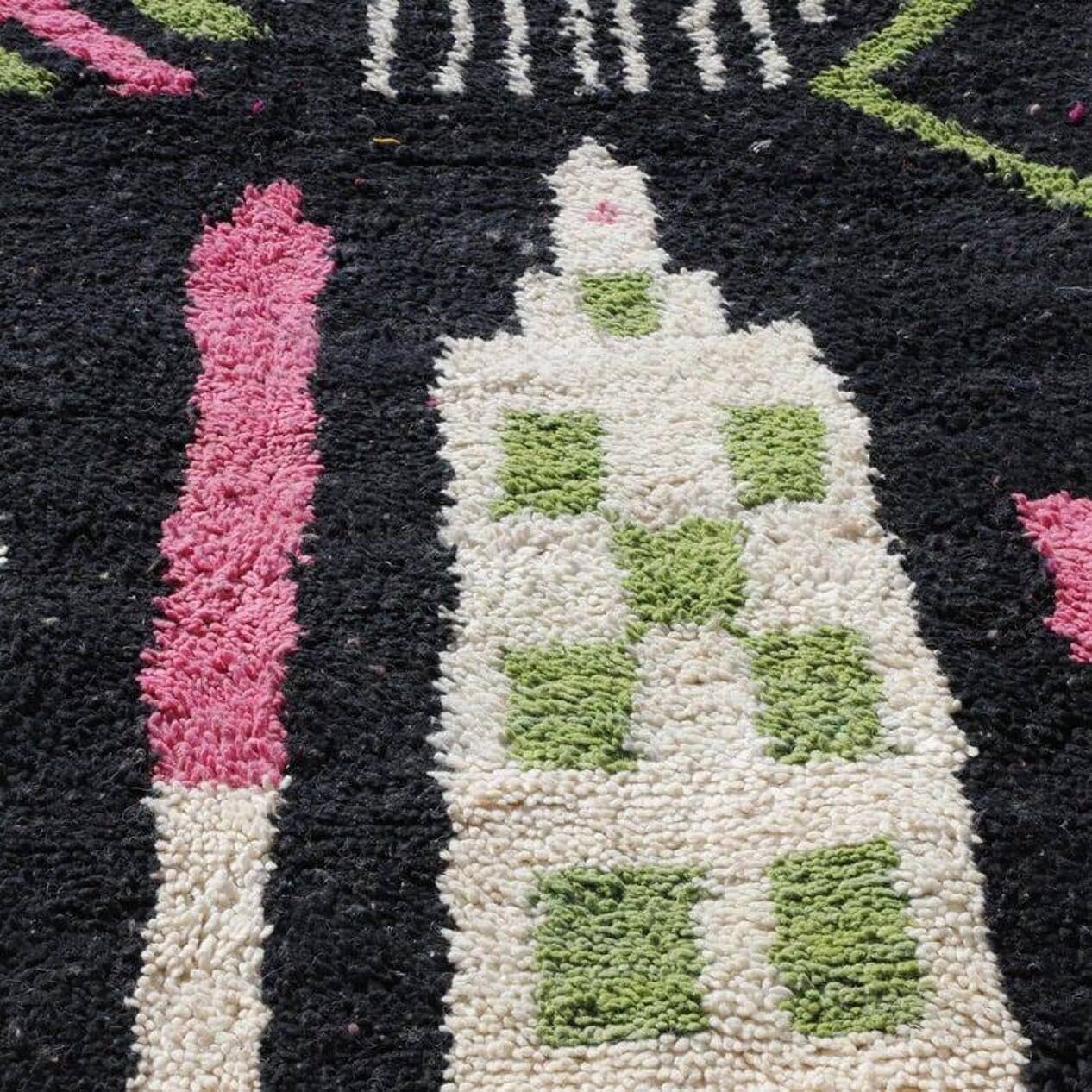 Ręcznie tkany dywan 250x150 cm, wełna, czarny, różowy, zielony, biały, Maroko - 202351