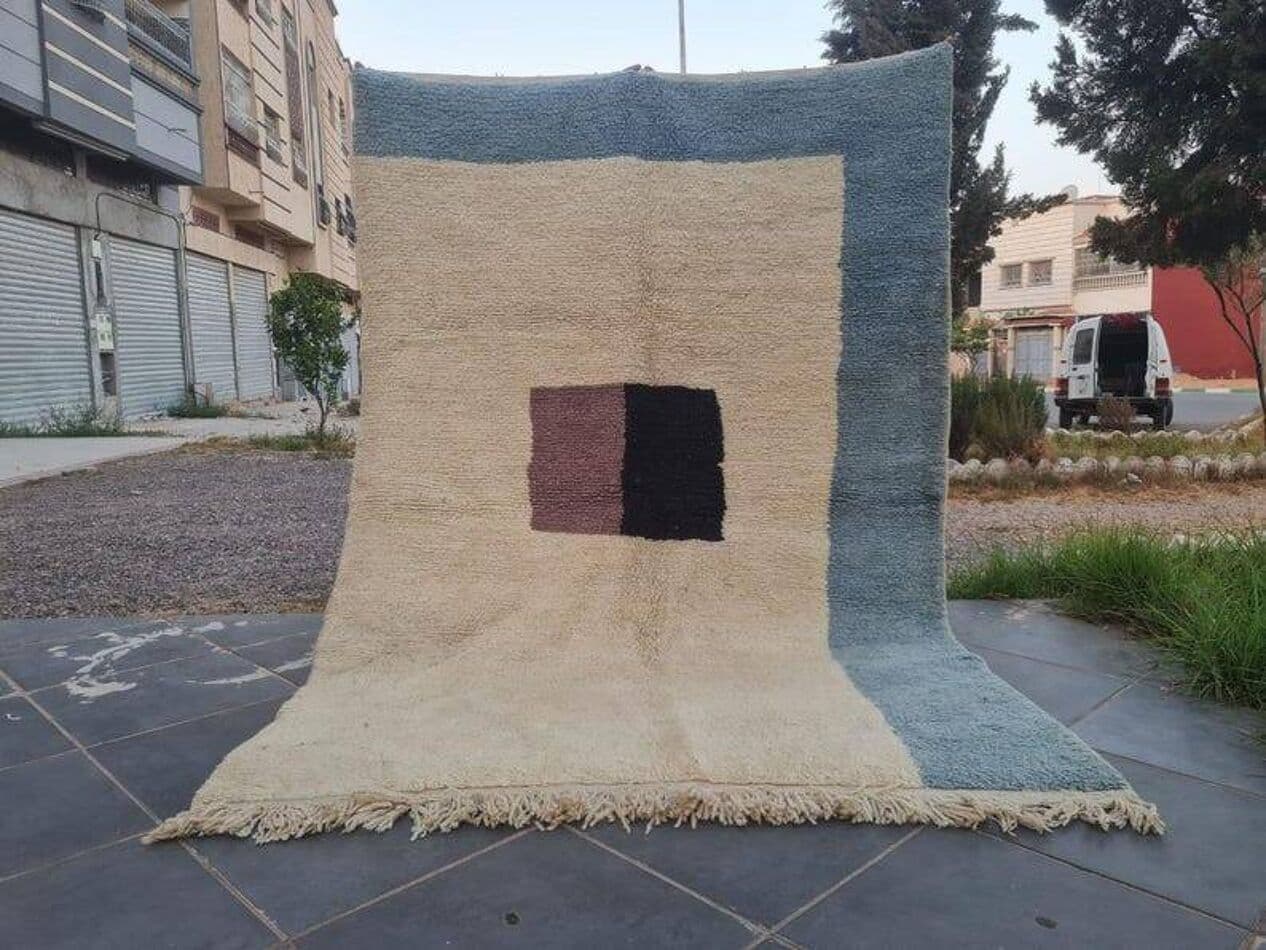 Ręcznie tkany dywan 250x150 cm, wełna, beżowy, niebieski, burgund, czarny, Maroko - 202171