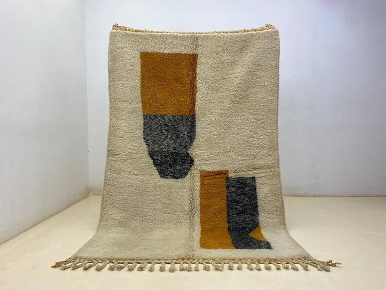 Ręcznie tkany dywan 250x150 cm, wełna, kremowy, szary, bursztynowy, Maroko - 202111