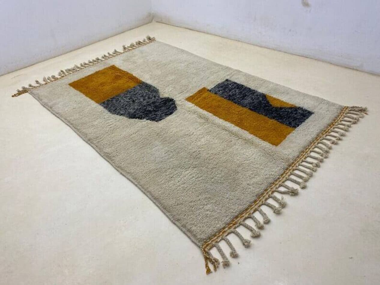 Ręcznie tkany dywan 250x150 cm, wełna, kremowy, szary, bursztynowy, Maroko - 202112