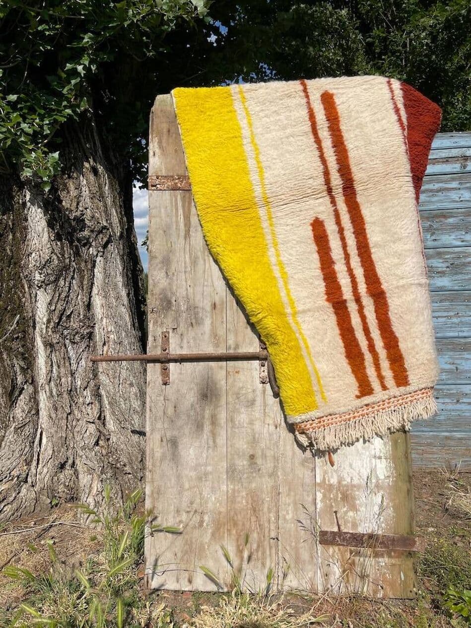 Ręcznie tkany dywan 250x150 cm, wełna, kremowy, żółty, czerwony, Maroko - 202050