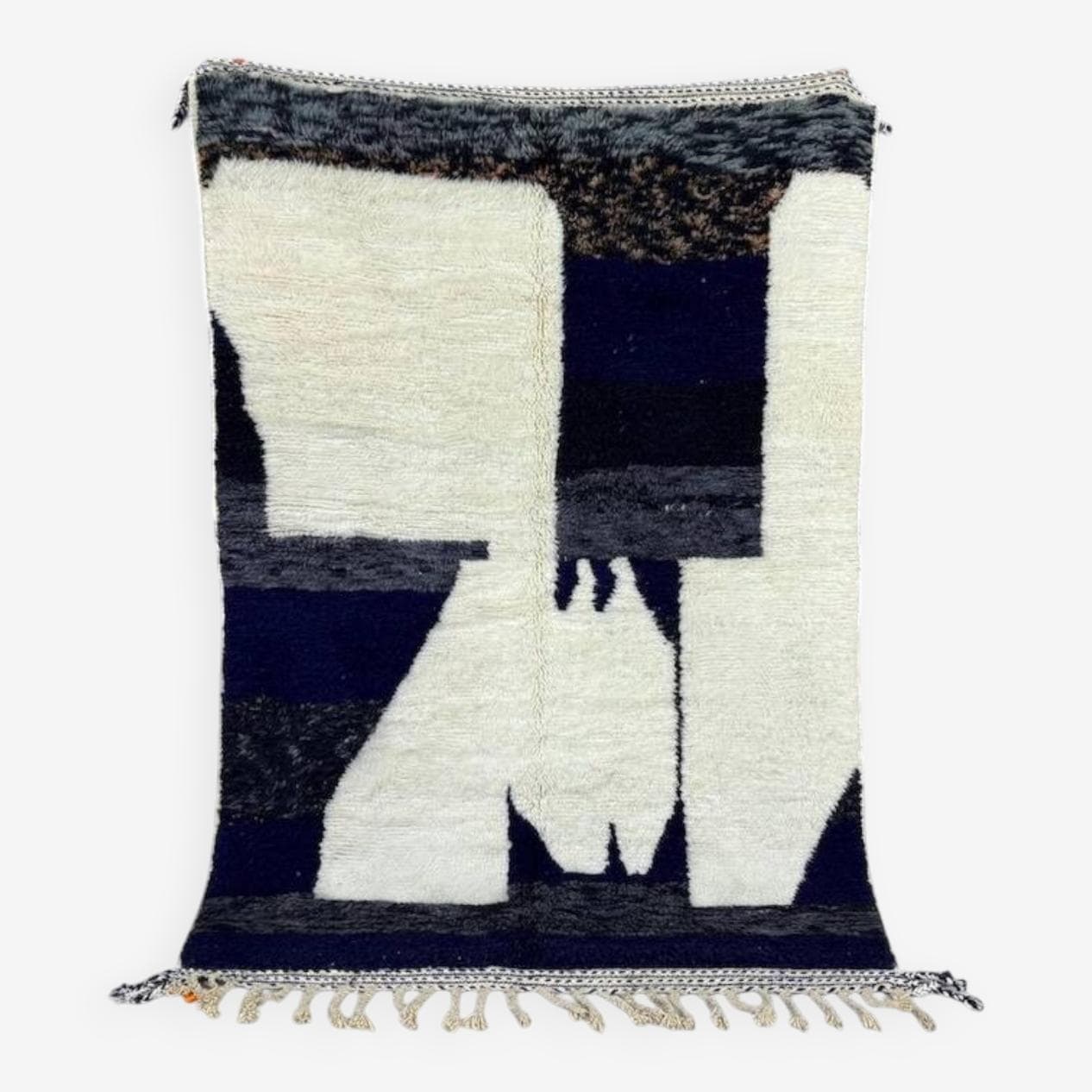 Ręcznie tkany dywan 250x150 cm, wełna, kremowy, granatowy, czarny, Maroko - 202018