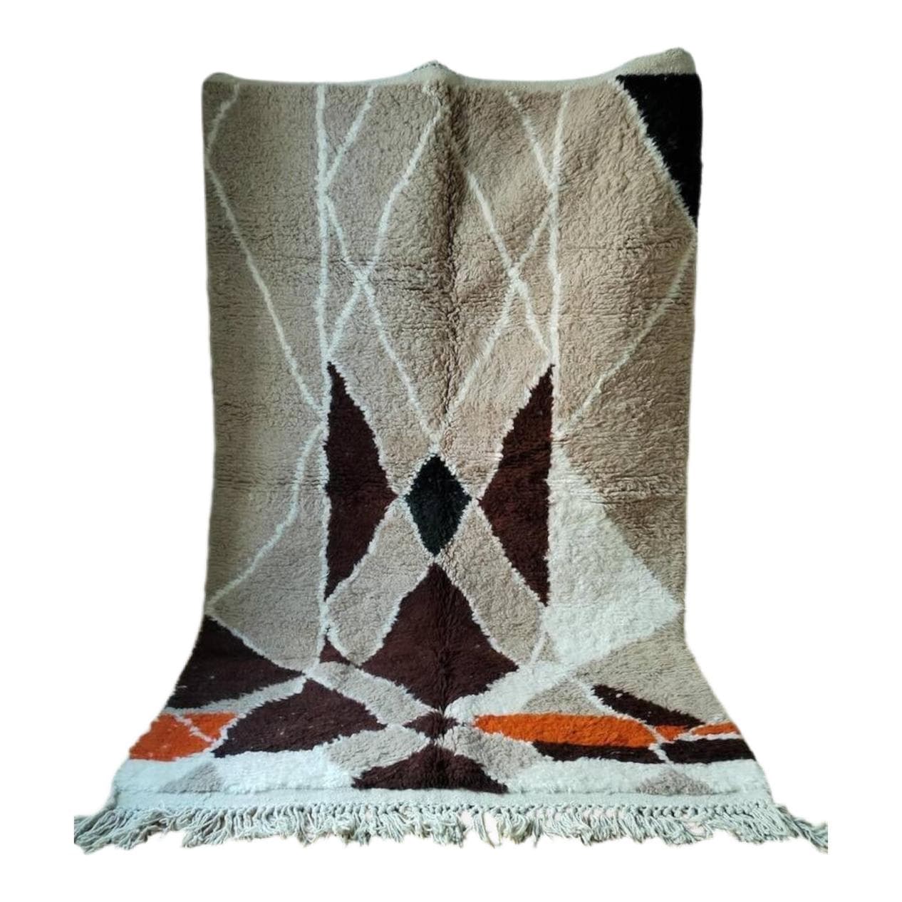 Ręcznie tkany dywan 250x150 cm, wełna, beżowy, brązowy, czarny, biały, pomarańczowy, Maroko