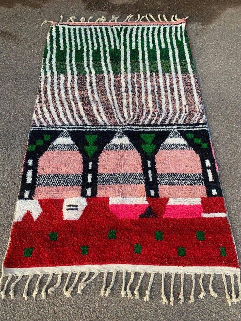 Ręcznie tkany dywan 200x300 cm, wełna, zielony, czerwony, Maroko - 205601