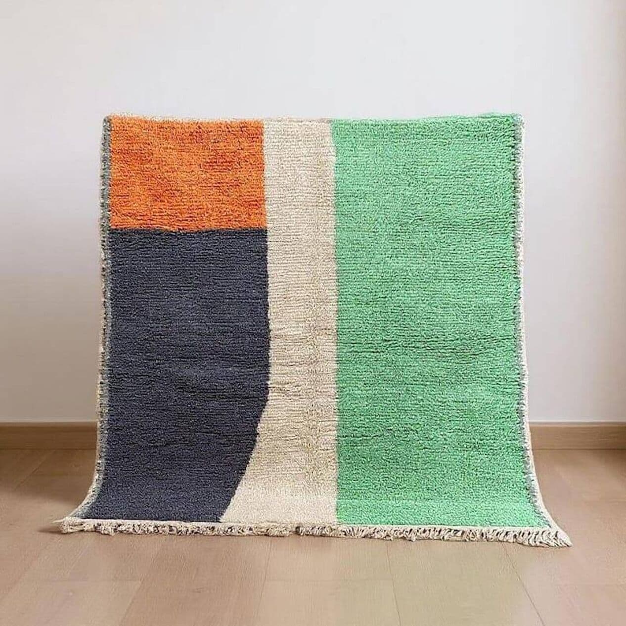 Ręcznie tkany dywan 140x260 cm, wełna, granatowy, pomarańczowy, beżowy, miętowy, Maroko - 205486