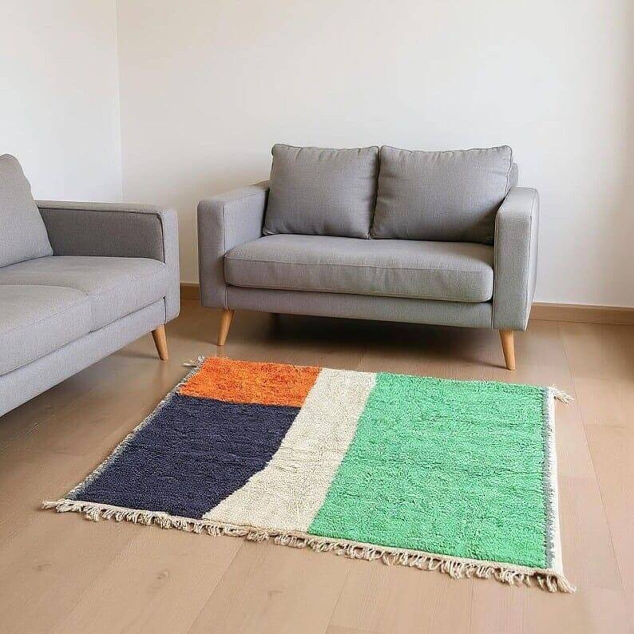 Ręcznie tkany dywan 140x260 cm, wełna, granatowy, pomarańczowy, beżowy, miętowy, Maroko - 205483