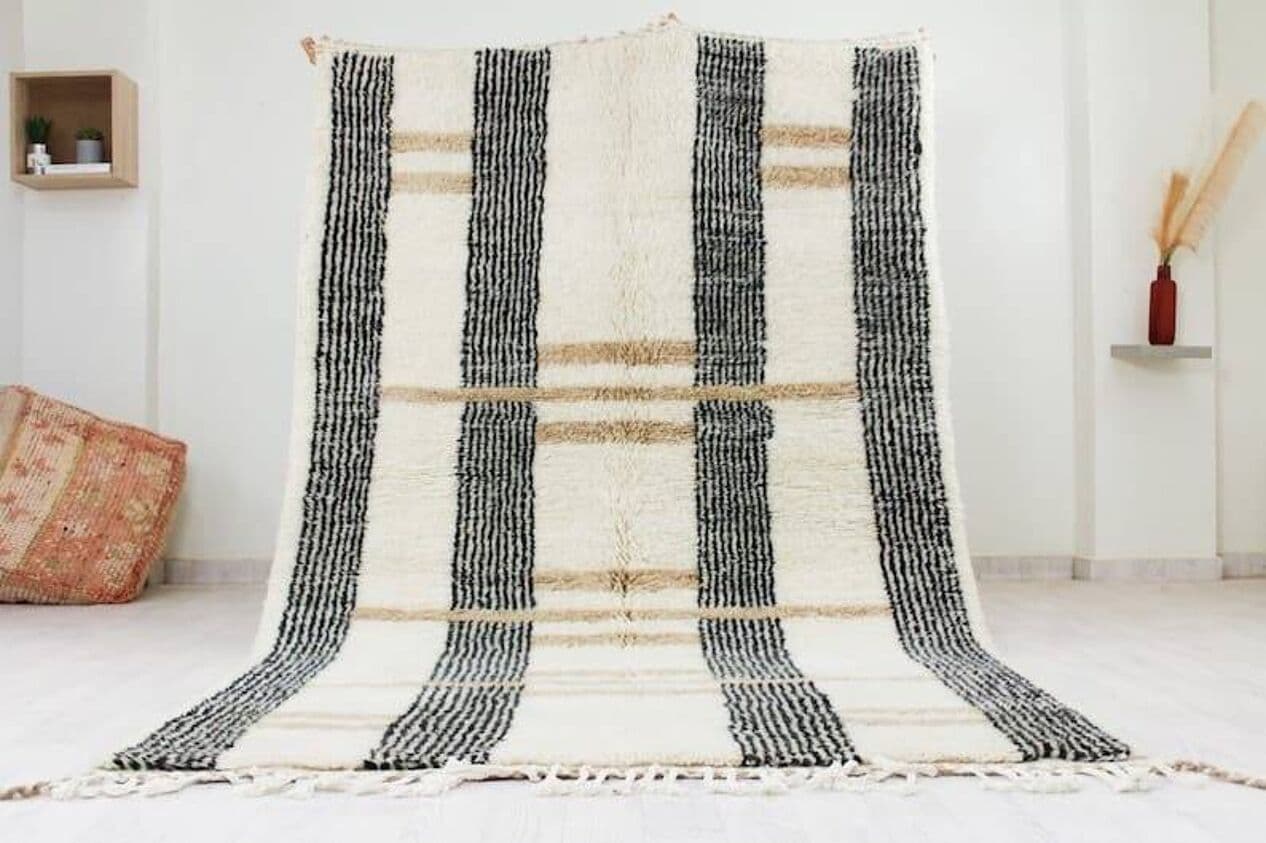 Ręcznie tkany dywan 100x200 cm, wełna, biały, beżowy, czarny, Maroko - 205448