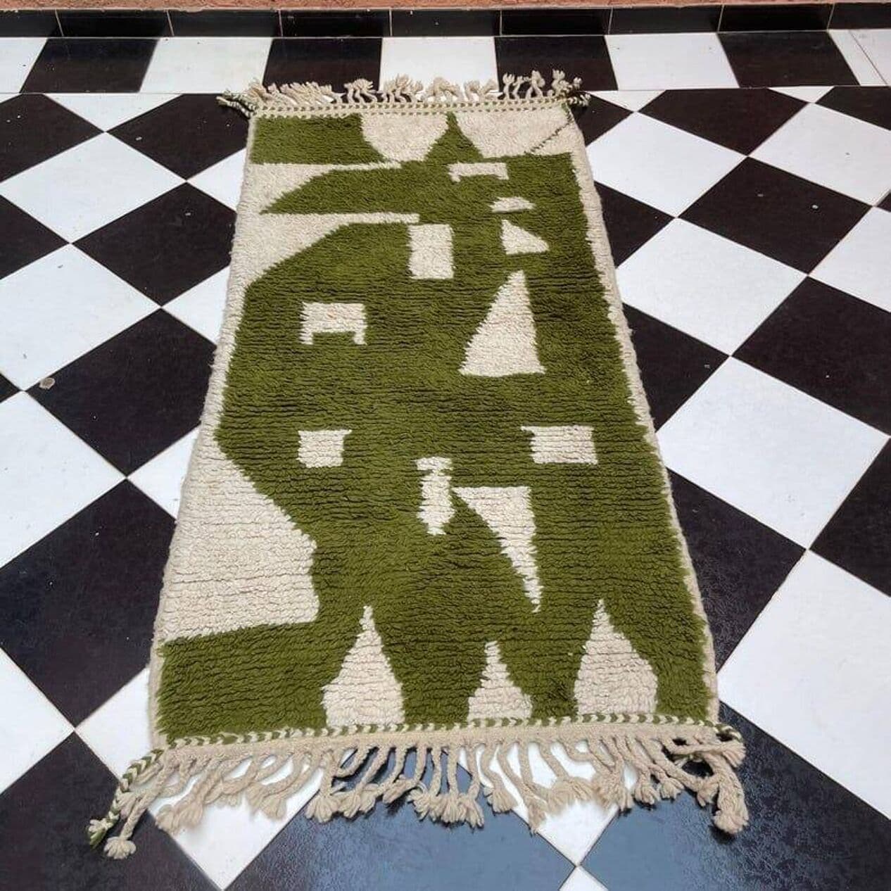 Ręcznie tkany dywan 100x200 cm, wełna, zielony, Maroko - 205420