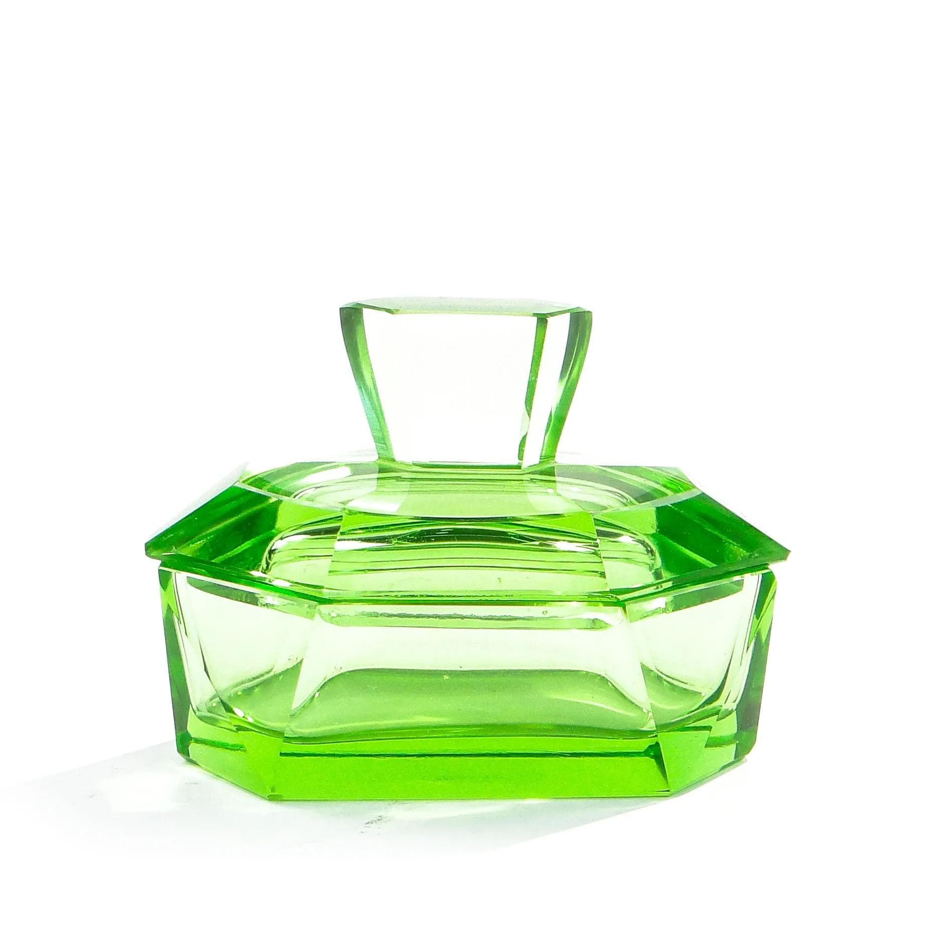 Bonbonniere Art Deco, turquoise, crystal, Moser, Czechoslovakia, 1930s - 14281