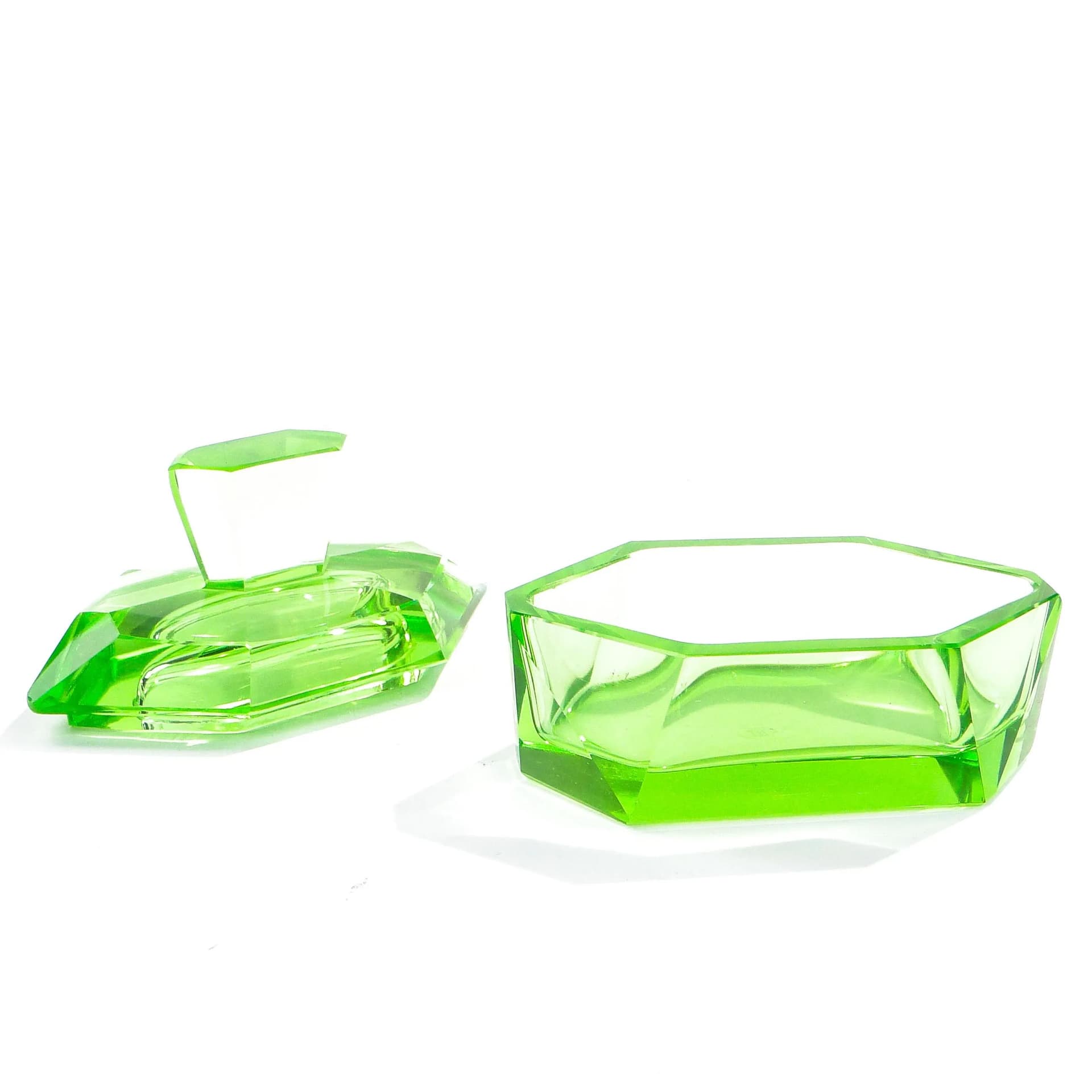 Bonbonniere Art Deco, turquoise, crystal, Moser, Czechoslovakia, 1930s - 14285