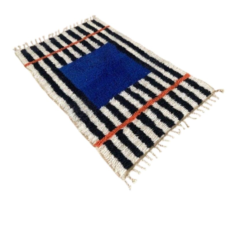 Ręcznie tkany dywan 140x260 cm, wełna, niebieski, czarny, kość słoniowa, pomarańczowy, Maroko