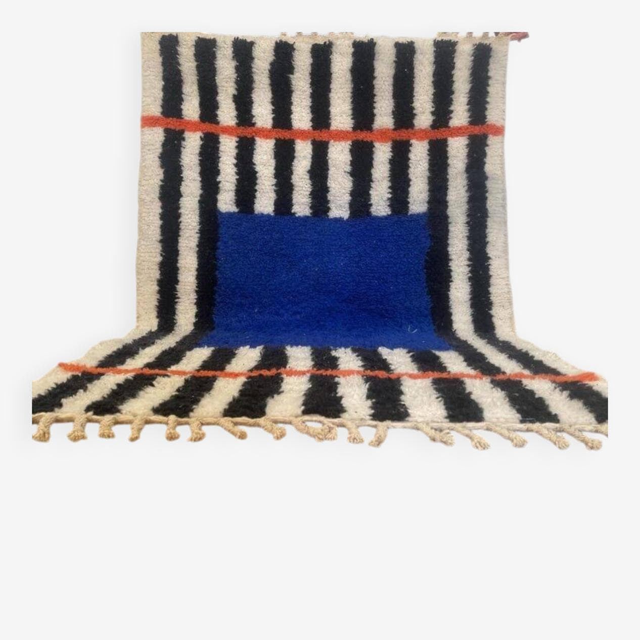 Ręcznie tkany dywan 140x260 cm, wełna, niebieski, czarny, kość słoniowa, pomarańczowy, Maroko - 205319