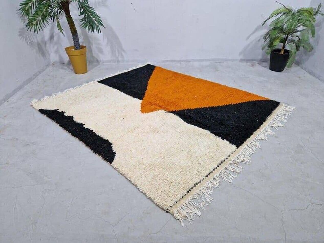 Ręcznie tkany dywan 140x260 cm, wełna, pomarańczowy, czarny, kremowy, Maroko - 205255