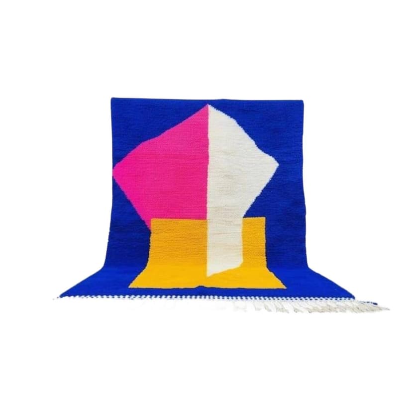 Ręcznie tkany dywan 150x250 cm, wełna, niebieski, różowy, żółty, biały, Maroko