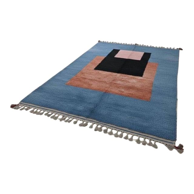 Ręcznie tkany dywan 150x250 cm, wełna, niebieski, terakota, czarny, różowy, Maroko - WYMIARY