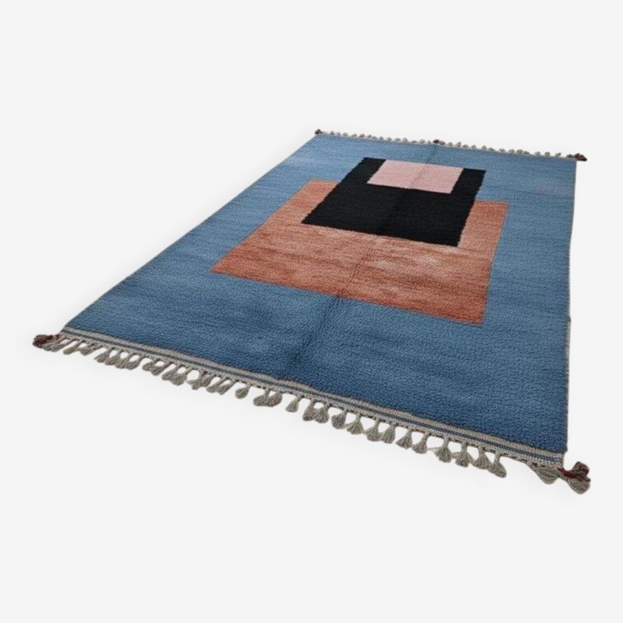 Ręcznie tkany dywan 150x250 cm, wełna, niebieski, terakota, czarny, różowy, Maroko - 205189