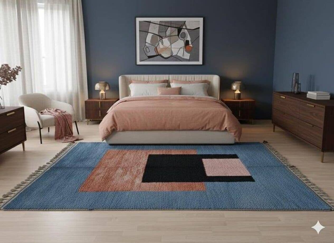 Ręcznie tkany dywan 150x250 cm, wełna, niebieski, terakota, czarny, różowy, Maroko - 205194